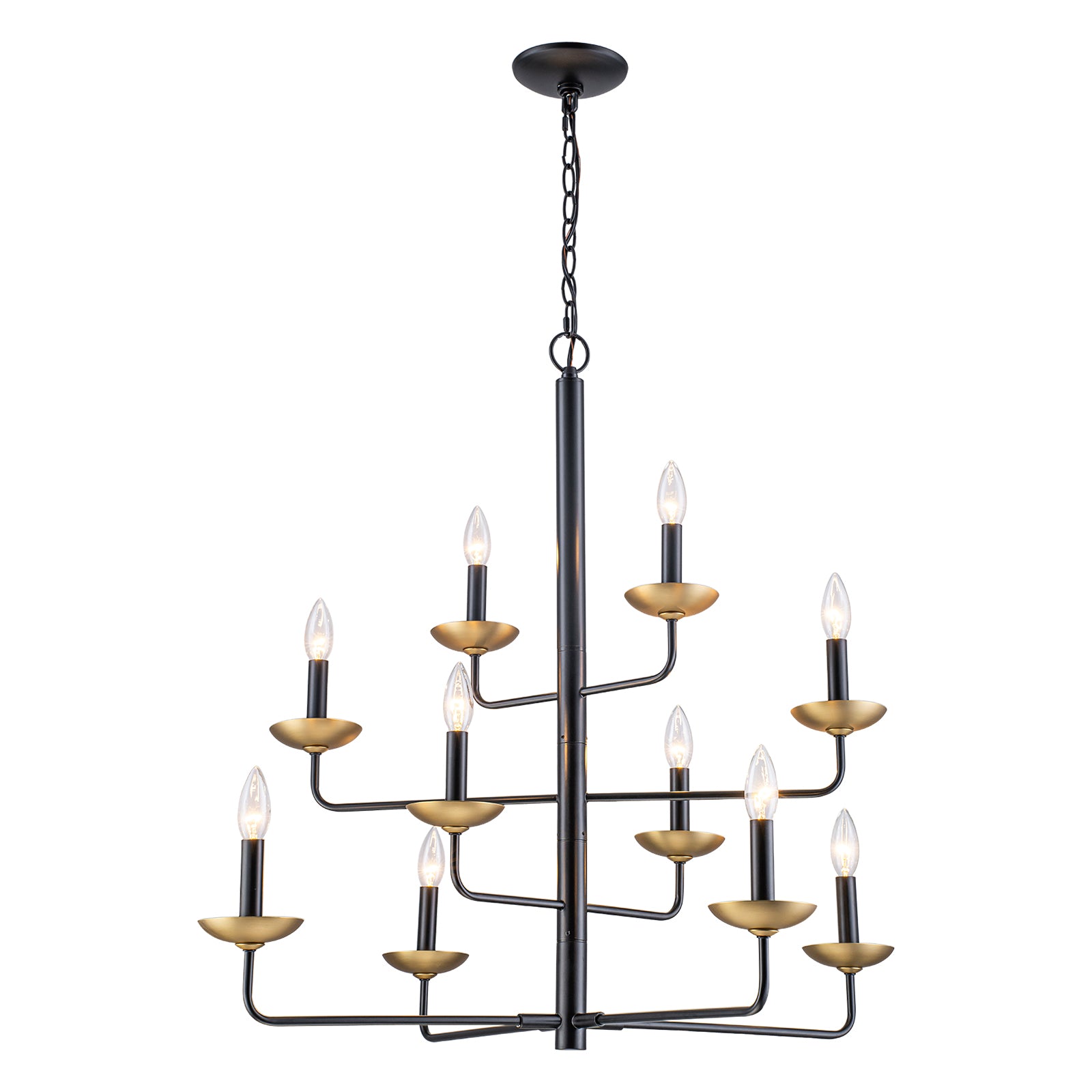 Kofara 10-Light Classical 31"Wide Large 4-Tied Black&Gold Candle Style Chandelier