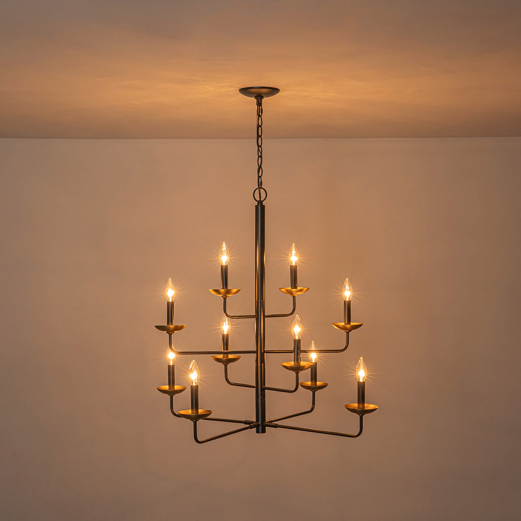 Kofara 10-Light Classical 31"Wide Large 4-Tied Black&Gold Candle Style Chandelier