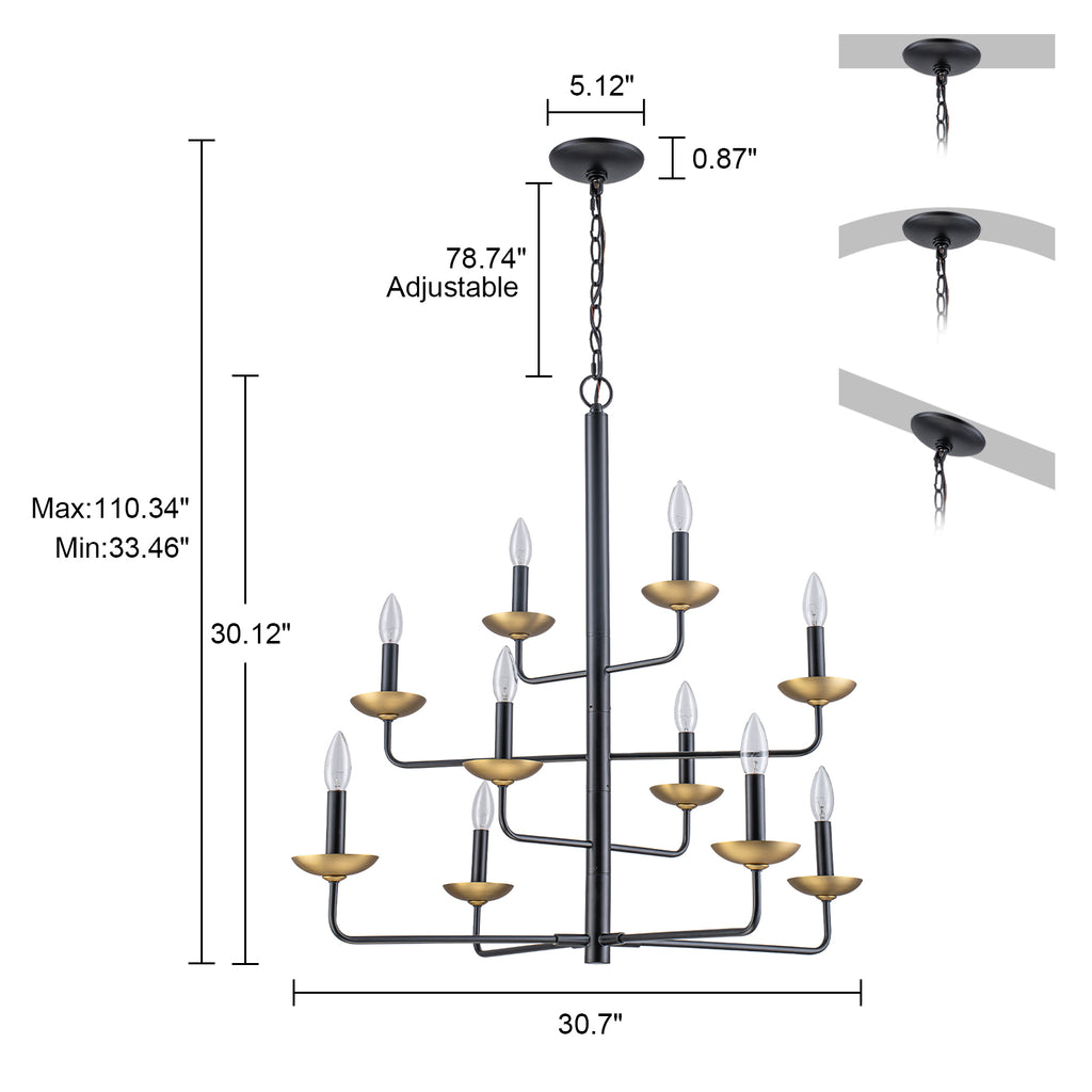 Kofara 10-Light Classical 31"Wide Large 4-Tied Black&Gold Candle Style Chandelier