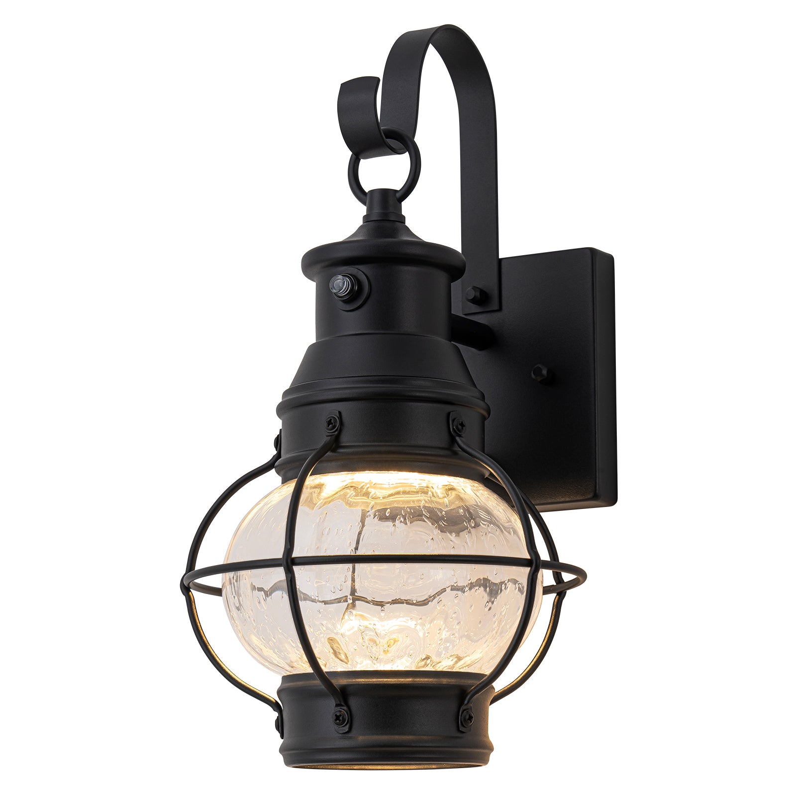 Kofara 1-Light Modern 14"High Dusk to Dawn Seeded Glass Lantern LED Outdoor Wall Sconce